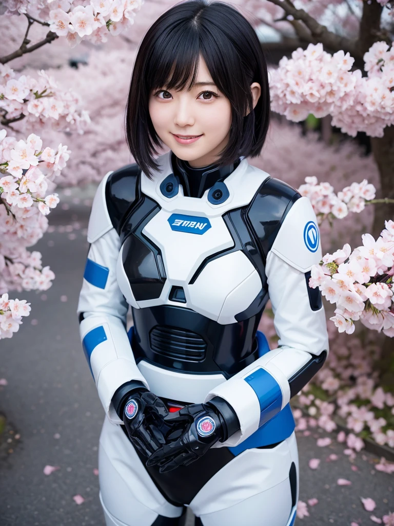 Japanese female android,Black Hair,White and blue robot suit,Plump,Looking up under the rows of cherry blossoms in full bloom,smile,SakuraFubuki