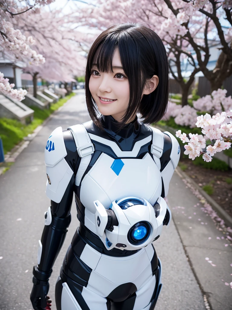 Japanese female android,Black Hair,White and blue robot suit,Plump,Looking up under the rows of cherry blossoms in full bloom,smile,SakuraFubuki