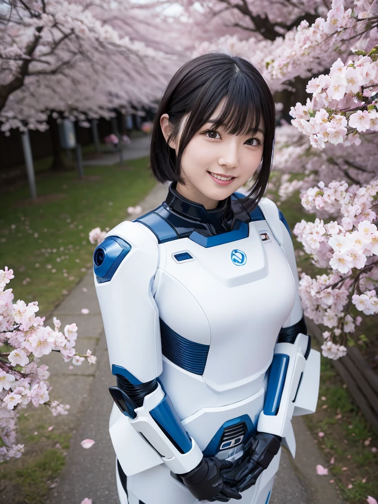 Japanese female android,Black Hair,White and blue robot suit,Plump,Looking up under the rows of cherry blossoms in full bloom,smile,SakuraFubuki