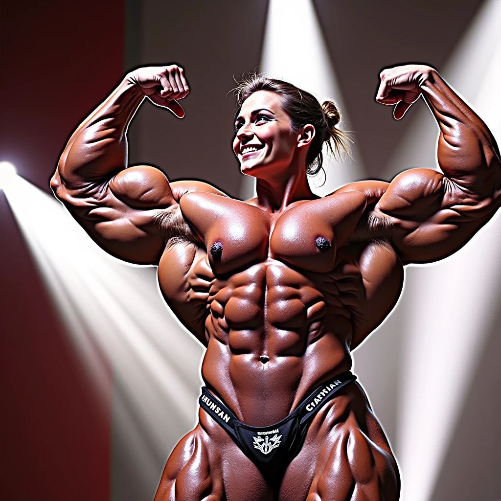 gorgeous young bodybuilder girl in peak conditioning, flexing in a double biceps pose, she weighs 260 lbs and has a body fat percentage of 1%, extremely shredded, insanely muscular, powerful ripped pecs, pectorals, ripped muscular pectorals, female, gorgeous face, insanely muscular and sculpted physique. naked super muscular, gorgeous, blonde, white, tanned, jacked, huge, insanely ripped lean girl with hard nipple and long midriff and tiny waist and 10-pack abs, flat stomach, shredded abs, sculpted shoulders, best quality, solo, seductive smile, best quality, extremely detailed