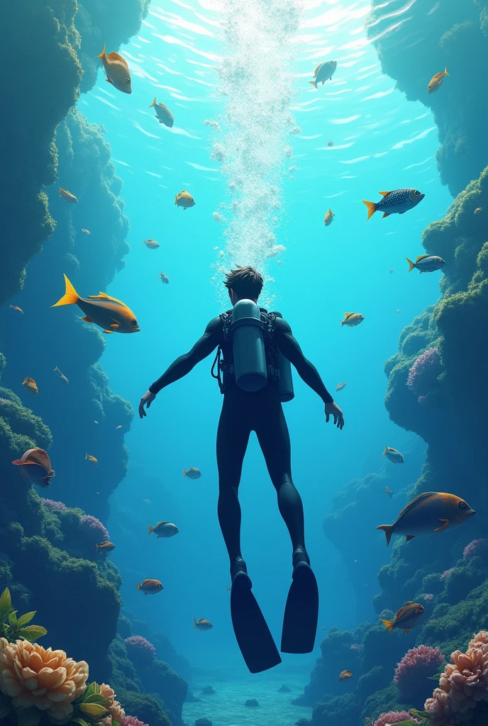 A young men is diving under water and he is wearing a diving suit. A very beautiful scene is visible in the picture. There are beautiful fish around him and there is a sea of ​​fish. He has an oxygen tank on his back and a mask on his face through which he is breathing. Illustration inspires 8k.wide realastic view anime stlye.