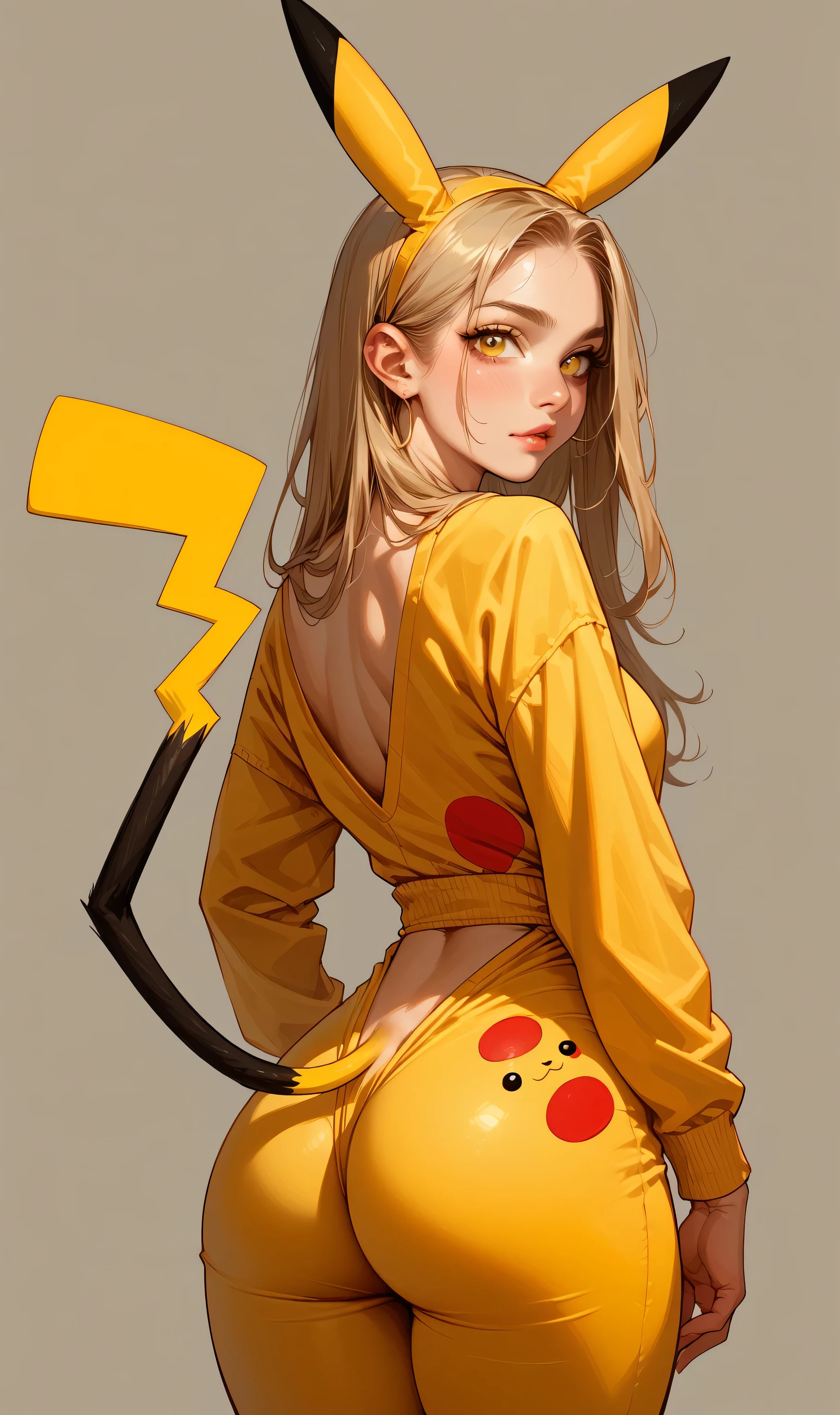 score_9, score_8_up, score_7_up, score_6_up, thicc woman, from behind, Pikachu costume, ears, tail, looking at viewer, yellow eyes