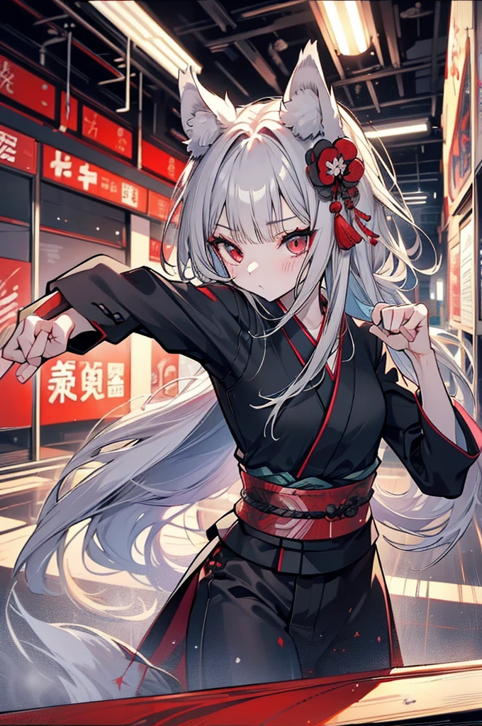 high quality, Wolf Ears,Black kimono,Gray Hair,Long Hair, Seductive red eyes,nice,Japanese style,Fight,martial arts,fist,fistのFight,movie,Fightfield,karate,截fist道,fistを構える,Finding