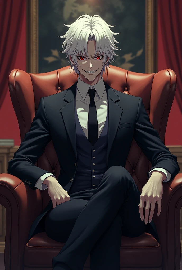 Man with white hair and red eyes, with a slight psychopathic smile, with formal suit, in a room, sitting in a comfortable chair with a long sofa nearby. cheered up. anime.