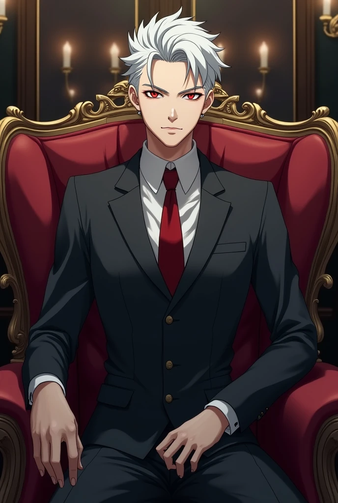 Man with white hair and red eyes, with a slight psychopathic smile, with formal suit, in a room, sitting in a comfortable chair with a long sofa nearby. cheered up. anime.