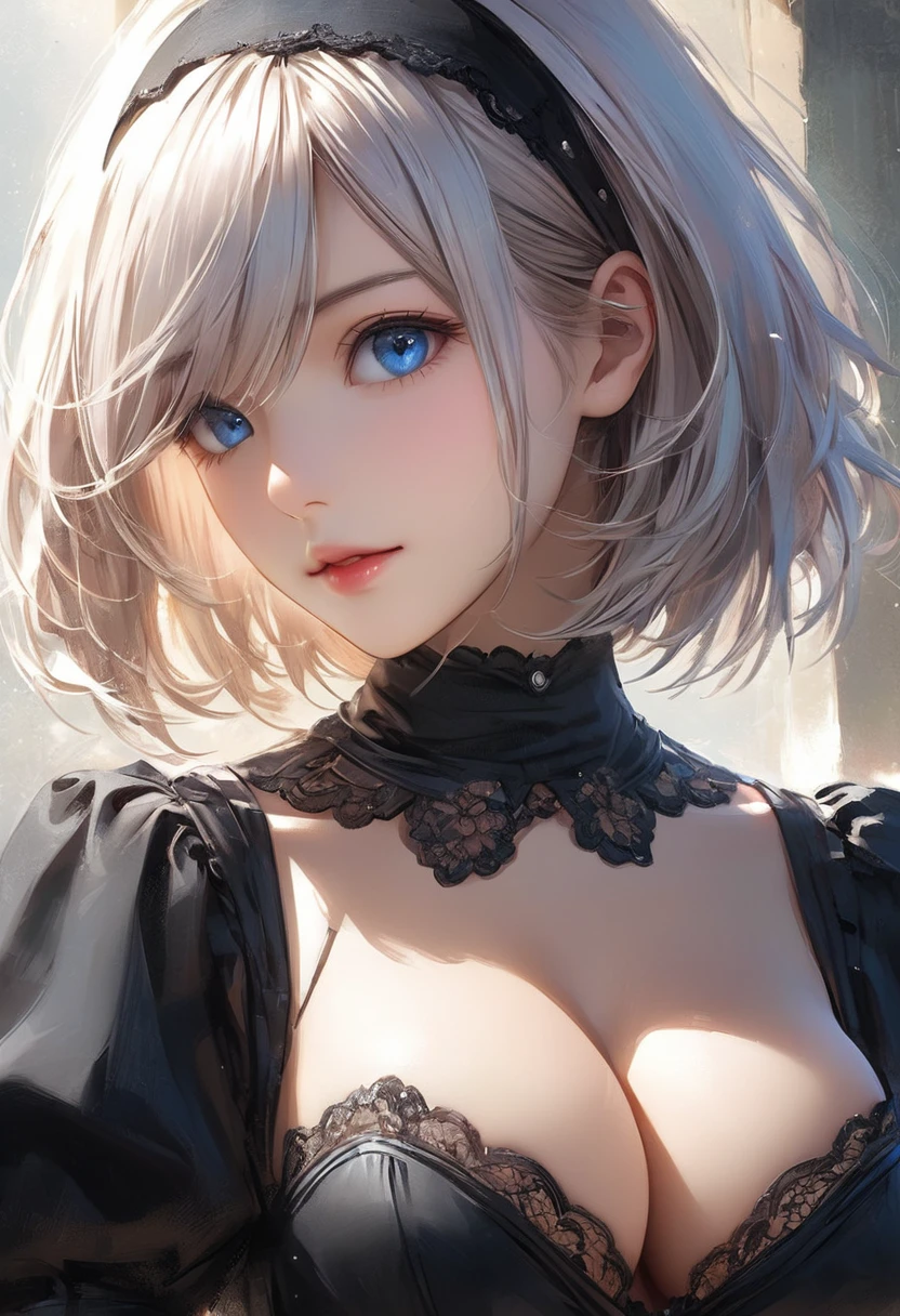 {(masterpiece,best quality, 16K portrait, UHD, extremely detailed the work, detailed beautiful face and eyes and skin and hair)}
BREAK {(ultra realistic photo graphic style:1.2)}
BREAK {solo,(2B of Nier-Automa:1.4), (lightbrown-lightwhite colored hair:1.4, short cut hair), (medium mouth),(narrow and sharp eyes),(attractive blue-glay eyes:1.4),(left-eye hidden by bangs:1.2),(slender body,small breasts):1.2,captivating lips}
BREAK {(Nier-Automata-2B costume:1.2),(cleavage between breasts:1.2),(hairband:1)}
BREAK {face focus}