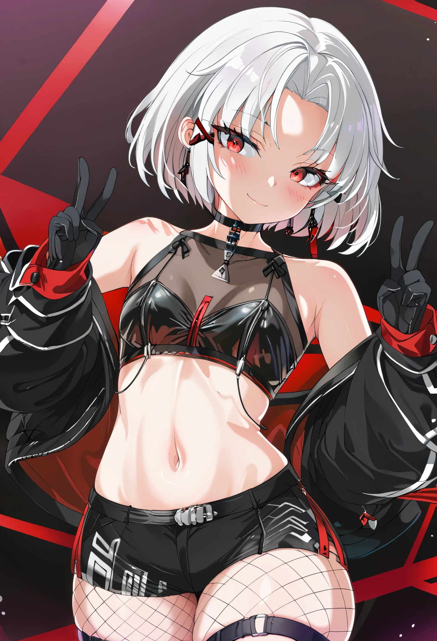 Perfect Face、drakercr, short hair, white hair, red eyes, earrings, x hair ornament, black jacket, off shoulder, choker, crop top, midriff, navel, black shorts, fishnet pantyhose, black gloves, thigh strap,(Small convex breasts,slimwoman),Upper Body、Double Peace、blush、A shy smile