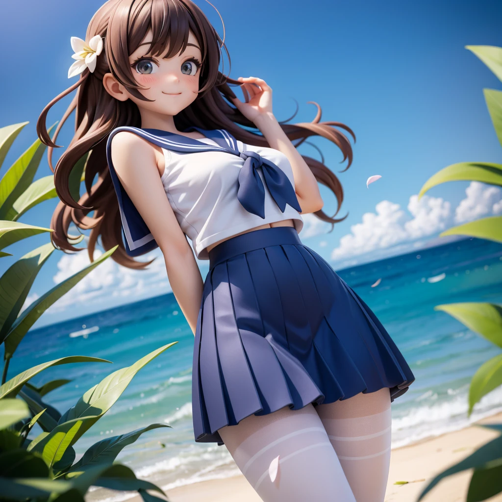 wallpaper, Clear Face, (masterpiece), town, blue sky, 一people々Girl, people々々Guide in the right direction, smile, 一people々in, Sailor suit、Long skirt, Overgrown, petal, plant、Skirt lining、White slip、nostalgic、pantyhose(gray)、You can see the sea in the distance, Crotch close-up