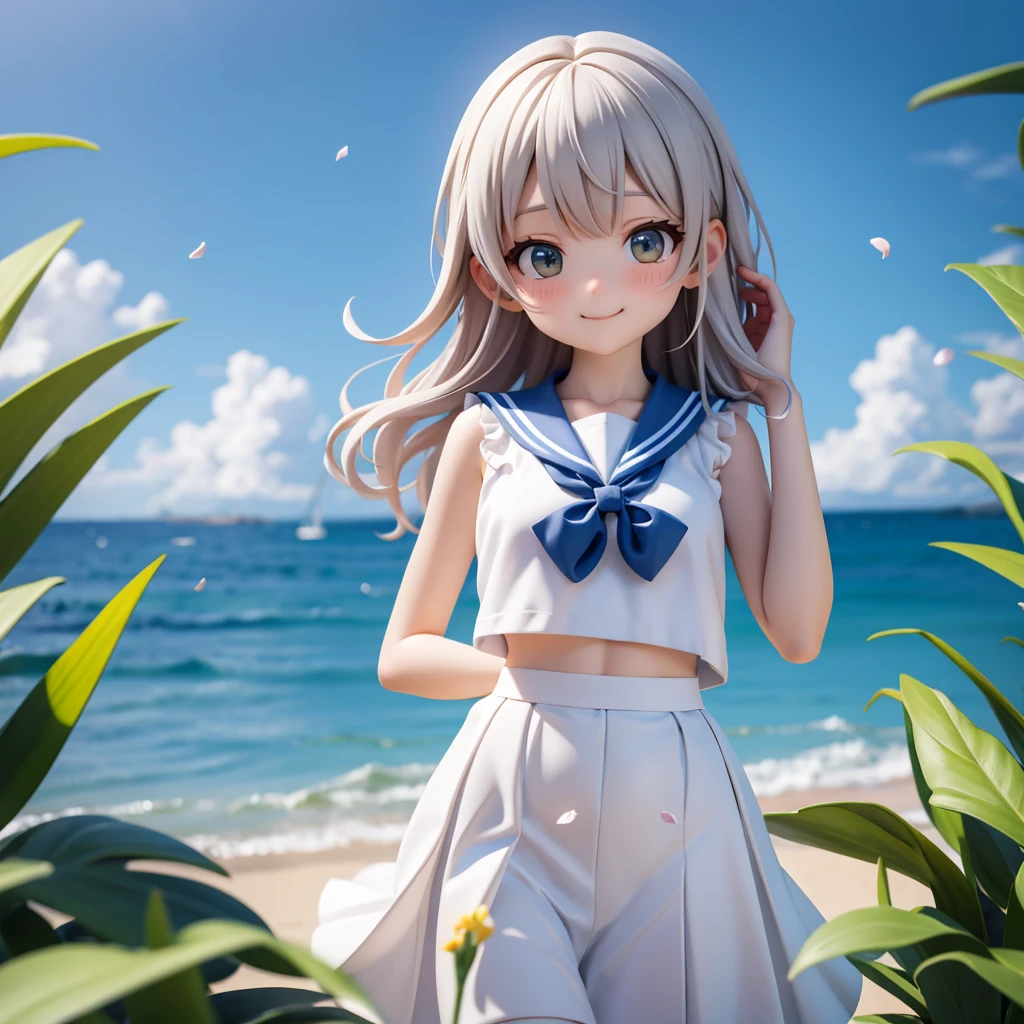 wallpaper, Clear Face, (masterpiece), town, blue sky, 一people々Girl, people々々Guide in the right direction, smile, 一people々in, Sailor suit、Long skirt, Overgrown, petal, plant、Skirt lining、White slip、nostalgic、pantyhose(gray)、You can see the sea in the distance, Crotch close-up