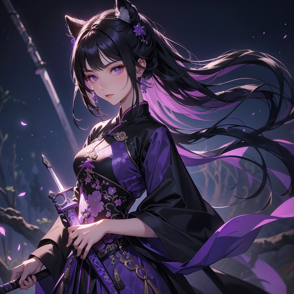 A beautiful black-haired female holding a large sword in black-violet ancient Chinese costume, background is a dark moonless night, with dry trees in the background, and purple glowing light, close up.