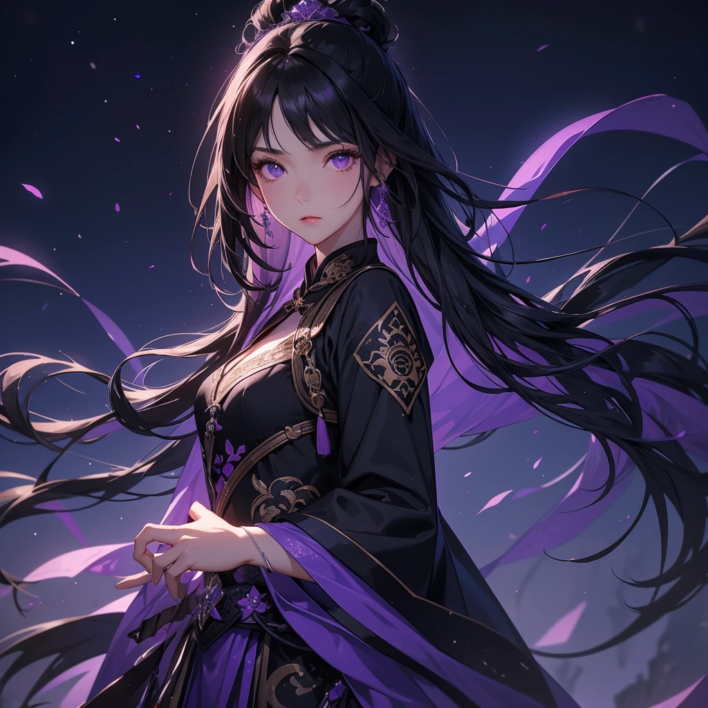 A beautiful black-haired female holding a large sword in black-violet ancient Chinese costume, background is a dark moonless night, with dry trees in the background, and purple glowing light, close up.