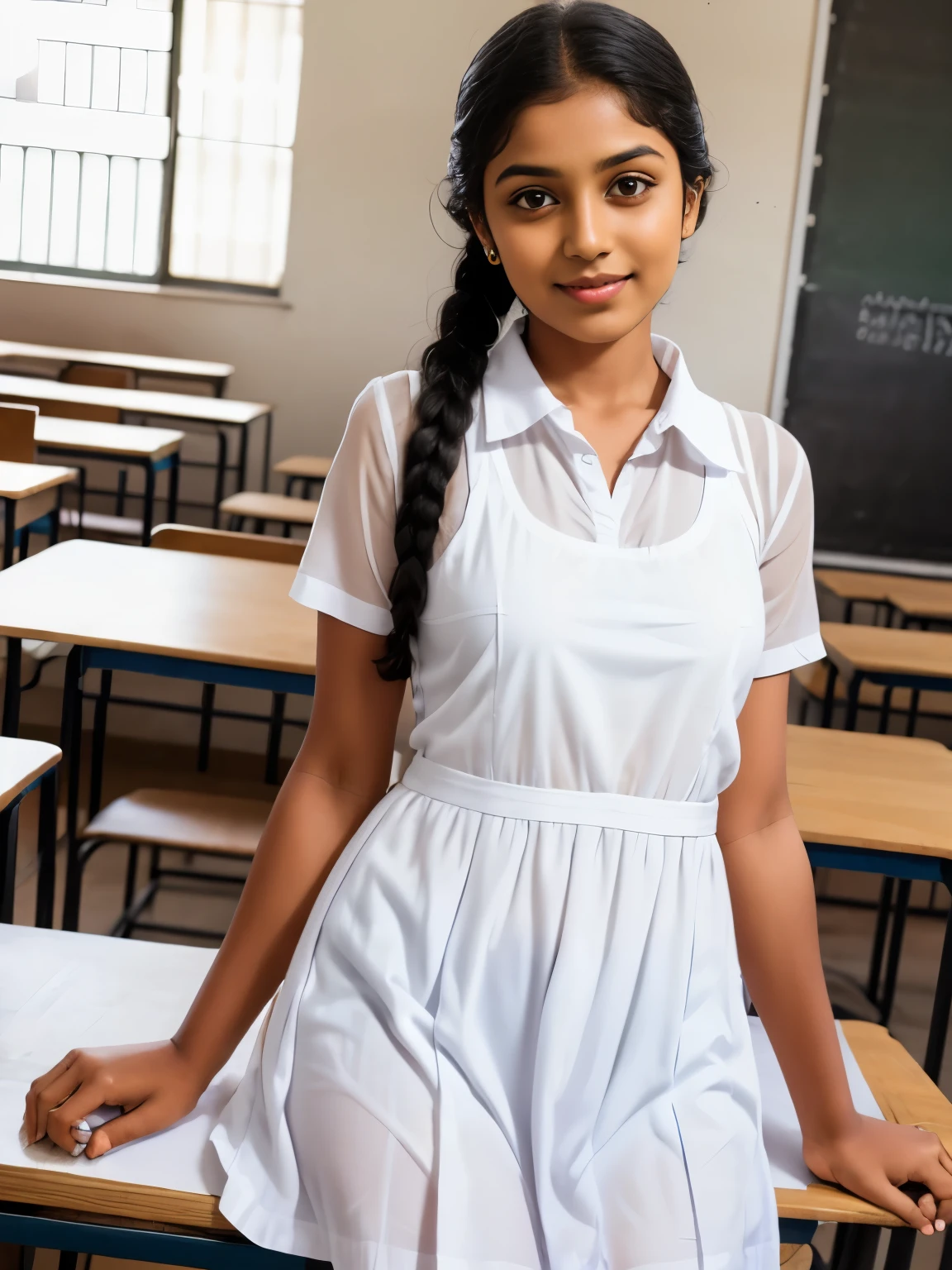 Srilankan school girl , school white frock,in the classroom, frock with pockets , wearing white vest camisole as a undergarment , see through 