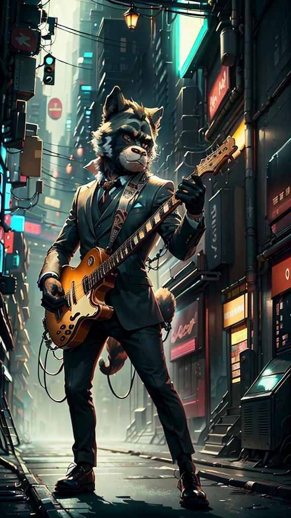 Illustrate a scene of a charismatic, anthropomorphized male gorilla as the leader of a stylish host group walking through the vibrant streets of Kabukicho at night. The gorilla is dressed in a sharp, tailored suit and wearing polished dress shoes, exuding confidence and charm. Surrounding him are a diverse group of other anthropomorphized male mammals, each fully dressed in fashionable host attire and wearing sleek shoes. These animals, representing a variety of species such as a sleek fox, a confident tiger, a graceful deer, and a cunning raccoon, are all impeccably styled to reflect the glamour of the host scene. The background should depict the bright neon lights and bustling nightlife of Kabukicho, capturing the essence of Tokyo’s energetic and glamorous atmosphere.