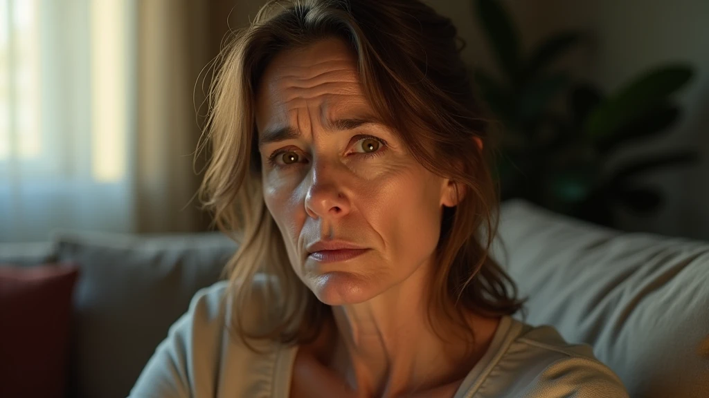 An ultra-realistic portrait of a woman in her 40s, with light brown hair and expressive eyes that reflect worry and fatigue. Her face shows signs of grief and apprehension. She is wearing a simple neutral-colored blouse. She must be looking at the camera. The woman is sitting in a living room, with elements such as a sofa and a window in the background, but blurred so as not to distract from the main subject. The lighting should be soft and natural, with late afternoon light coming from a window, creating subtle shadows that accentuate the woman's expression of sadness. The light should highlight the eyes and the texture of the skin, emphasizing the seriousness of the situation. The image should convey a sense of sadness and resignation, with a touch of vulnerability. Suggest a warm color palette, such as golds and browns, that complements the late afternoon atmosphere. The photo should be of high quality, with 8k rendering and extreme detail, maintaining the desired atmosphere and capturing the emotional essence of the moment.