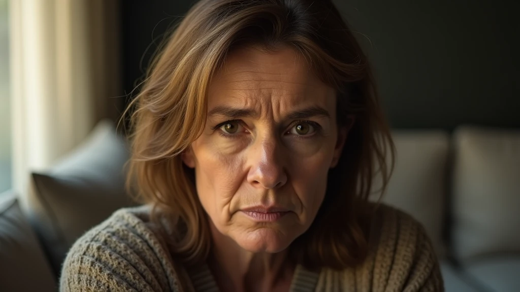 An ultra-realistic portrait of a woman in her 40s, with light brown hair and expressive eyes that reflect worry and fatigue. Her face shows signs of grief and apprehension. She is wearing a simple neutral-colored blouse. She must be looking at the camera. The woman is sitting in a living room, with elements such as a sofa and a window in the background, but blurred so as not to distract from the main subject. The lighting should be soft and natural, with late afternoon light coming from a window, creating subtle shadows that accentuate the woman's expression of sadness. The light should highlight the eyes and the texture of the skin, emphasizing the seriousness of the situation. The image should convey a sense of sadness and resignation, with a touch of vulnerability. Suggest a warm color palette, such as golds and browns, that complements the late afternoon atmosphere. The photo should be of high quality, with 8k rendering and extreme detail, maintaining the desired atmosphere and capturing the emotional essence of the moment.