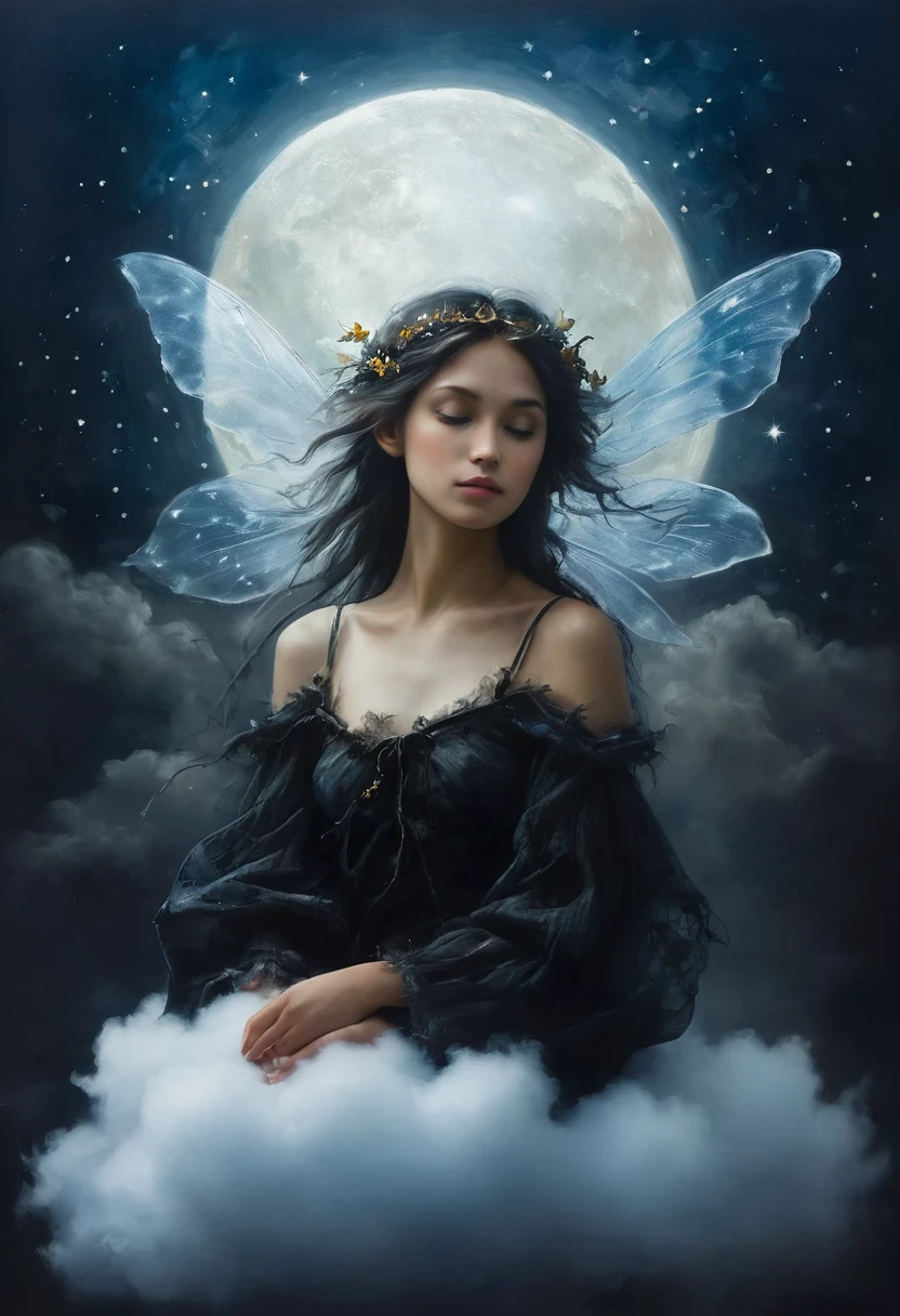 painting of a fairies sitting on the clouds under the stars, dark atmosphere, cinematic scene, volumetric lights, ultra realistic, in the style of nicola samori