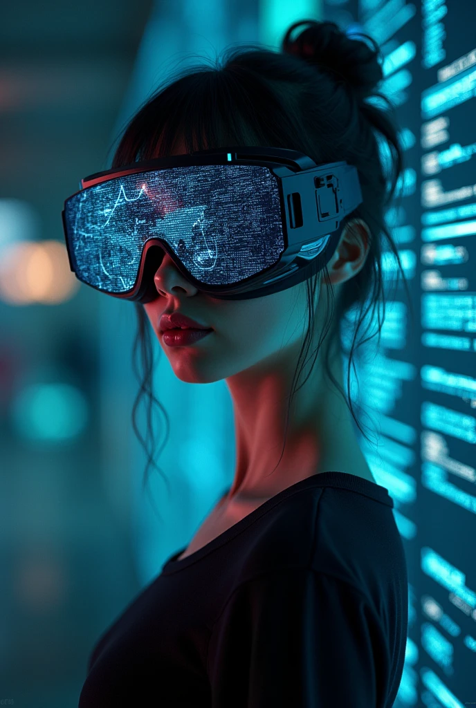 (masterpiece:1.2,Exceptional Quality,mirror-like,cinematic experience),8k,wallpaper,Ray Tracing,(woman),Are standing,(美しいwoman,sexy),(Wearing futuristic cyber goggles:2.0,Data displayed on the goggles:2.0,Goggle detailed map:2.0),(A face with attention to detail,Detailed skin texture,Beautiful Skin),(Looking into the camera),(front),(Face close-up:2.0),(Server puncture:2.0),(The background is a wall of data:2.0),(Glossy Lips:1.5),Beautiful breasts,Beautiful valley