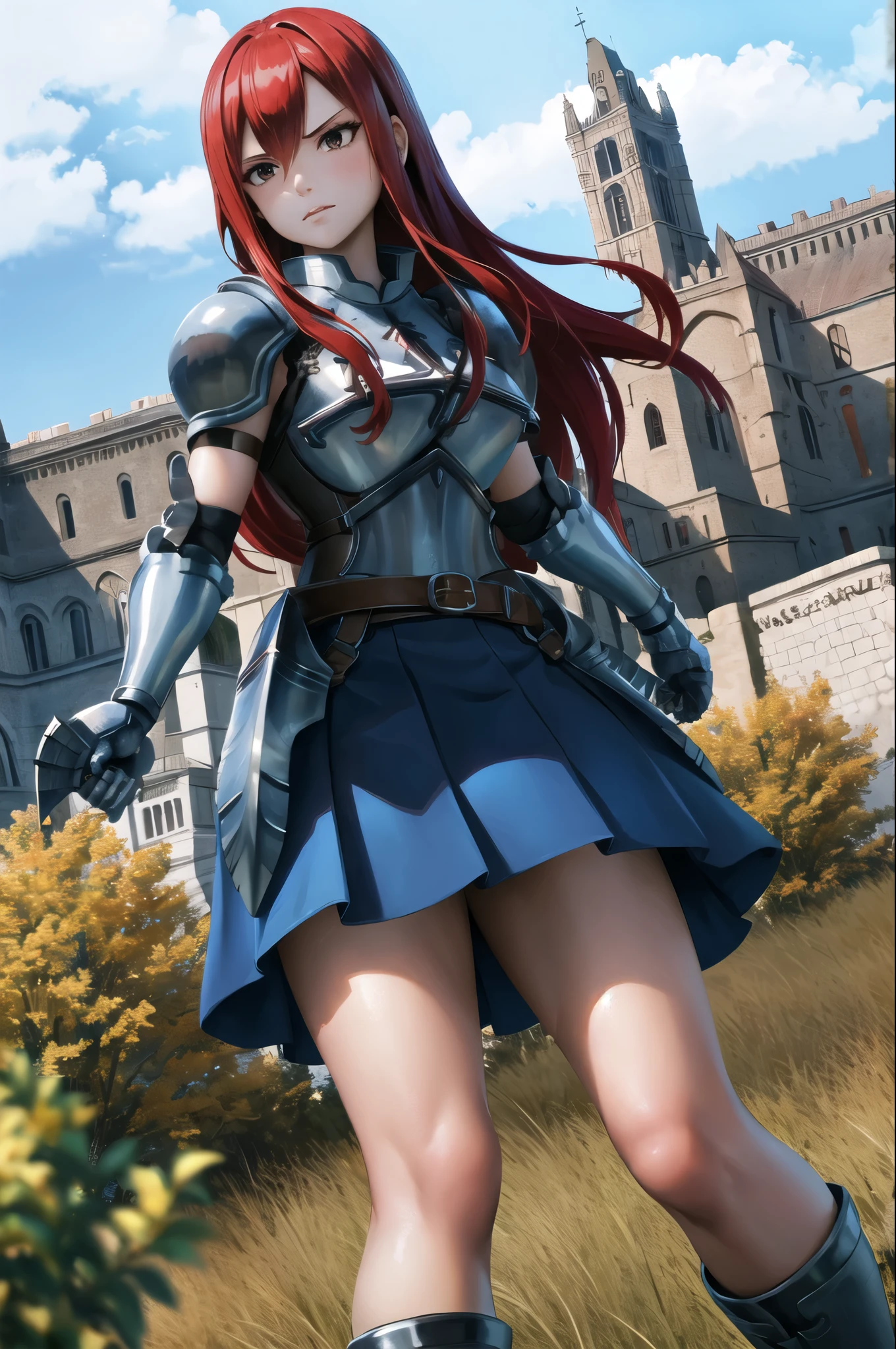 masterpiece, best quality, highres, fairy tail, 1girl, long hair, red hair, brown eyes, armor, shoulder armor, gauntlets, breastplate, armored dress, belt, pleated skirt, blue skirt, hair over one eye, field, grass, standing, cowboy shot, holding weapon, sword,