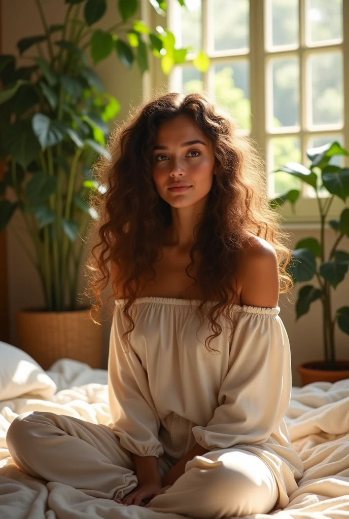 (photorealism:1.2), beautiful woman, sitting on bed, wearing loose off-shoulder top, pajama pants, long curly hair, indoors, soft lighting, plants in background, window with sunlight, cozy room, relaxed pose, realistic, intricate details, warm colors, by bra