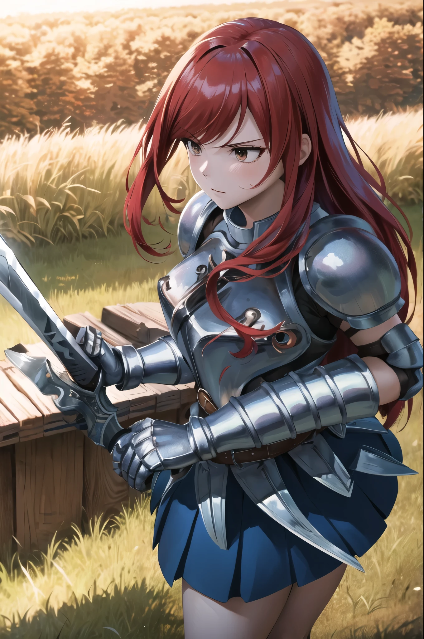 masterpiece, best quality, highres, fairy tail, 1girl, long hair, red hair, brown eyes, armor, shoulder armor, gauntlets, breastplate, armored dress, belt, pleated skirt, blue skirt, hair over one eye, field, grass, standing, cowboy shot, holding weapon, sword,