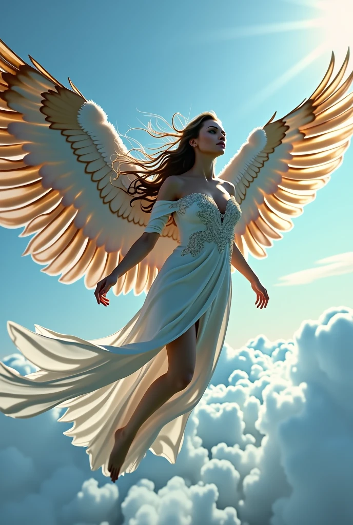 Very beautiful woman with bewitching beauty with two beautiful eagle wings. She flies