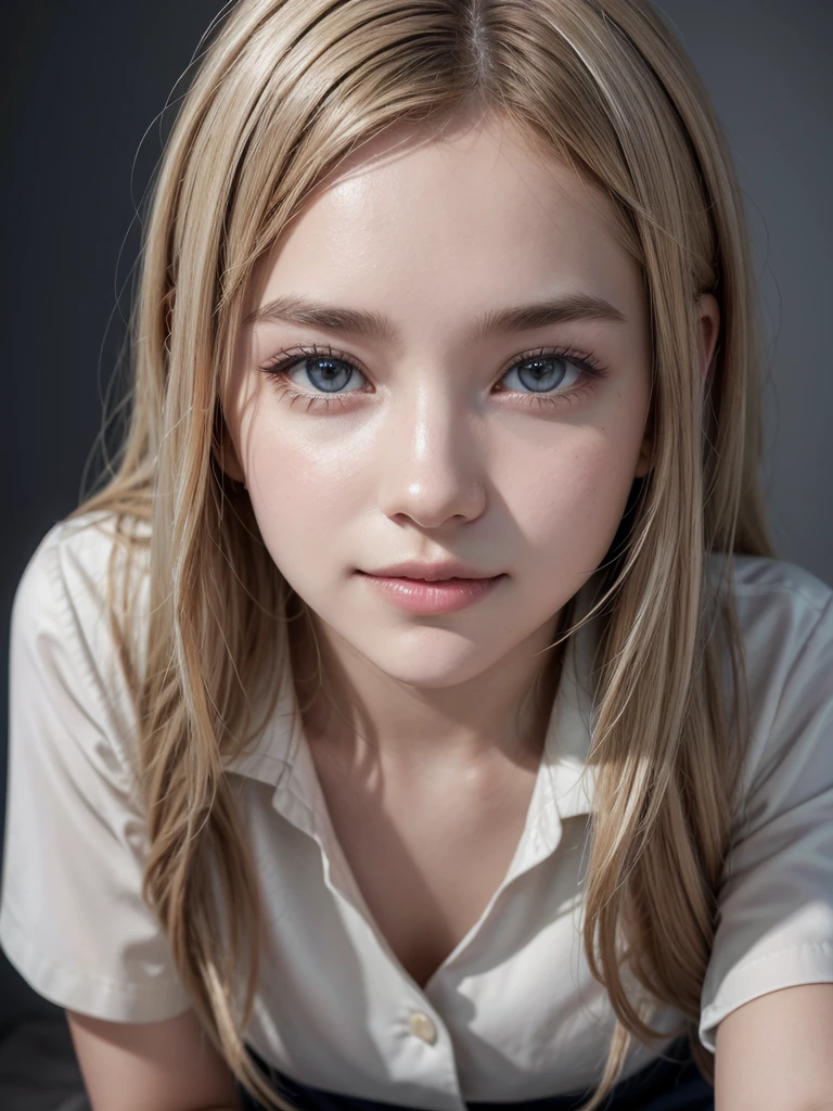 Beautiful American Women,Ellen Baker,soft skin and perfect face, A small face with a nose and rosy lips, Beautiful Eyes, Beautiful smile. black, Surrounded by a bright, ethereal glow、Thin, long, beautiful hair. A loose, medium hairstyle with gradation highlights and grey layers, Navy band collar shirt x yellow houndstooth flare skirt, Bright neon colorful background, Hyperrealistic female photos, High quality high resolution 8K masterpiece,Character portrait, chest, 