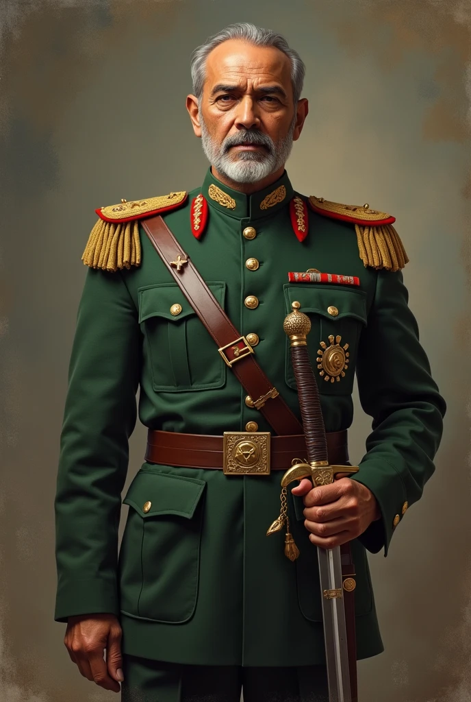 Quaid e Azam wear Army uniform with swear in his hand
