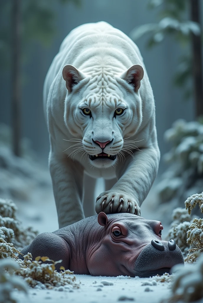 create 12k hd ultra-realstic white jaguar with death Hippopotamus Die under the front footsteps of white jaguar in frosty jungle and jaguar foot on die hippopotamus and image will be very very realistic and die hippopotamus must be realstic