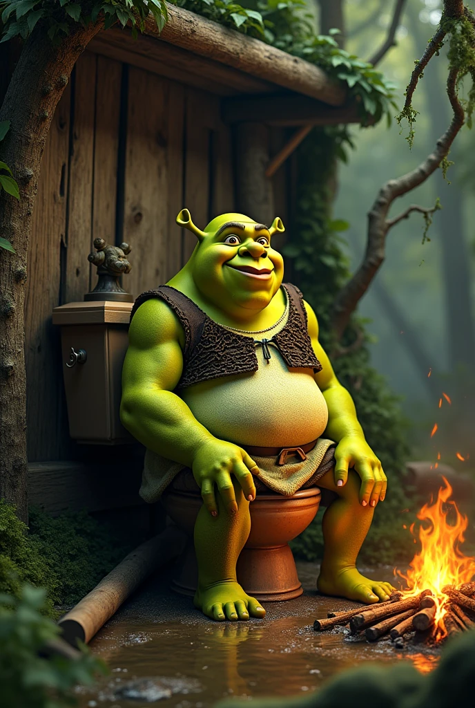 Shrek in a village toilet somewhere in the depths of the swamp next to a fire 