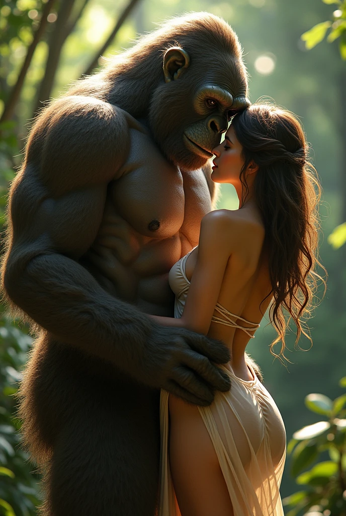 Couple,Hot white girl,sexy dress,gorilla furry man, outdoor 