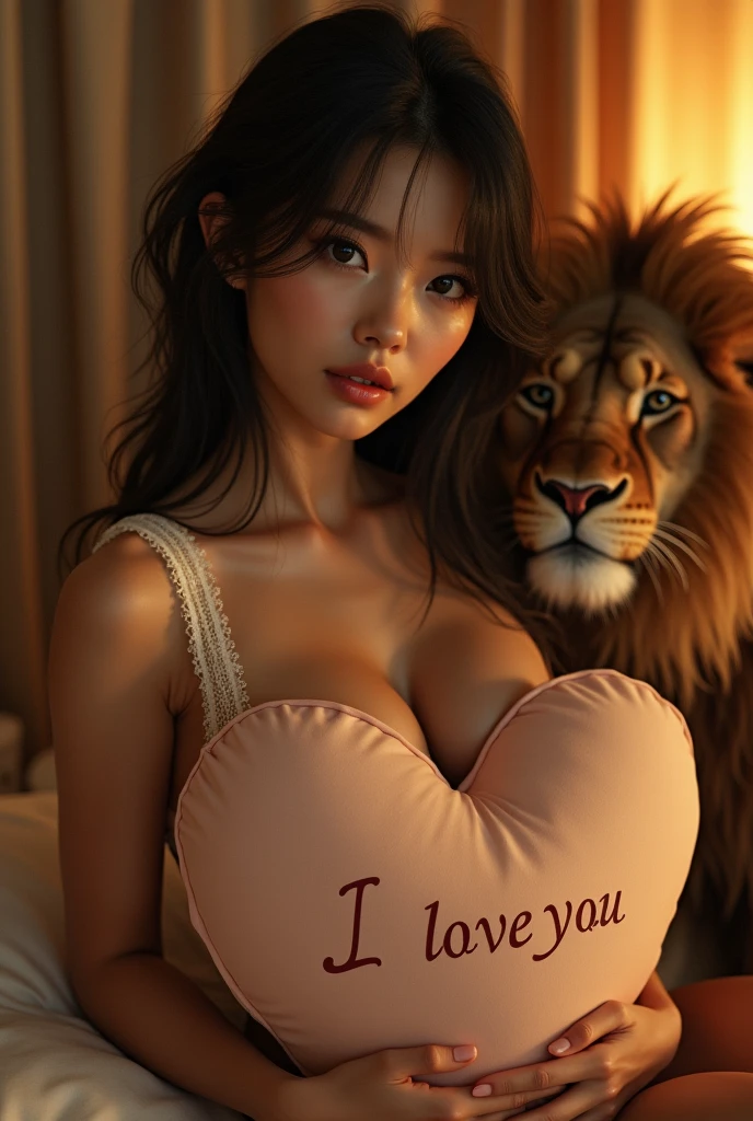 A Japanese woman wearing a lace T-shirt pajamas sitting on the bed, Holding a big pillow,It says "I love you" It says, Her big breasts are partially covered by the pillow, Sexy but not revealing,Looking at the audience, full-body shot, A lion sitting next to him,Movie Lighting, glow,