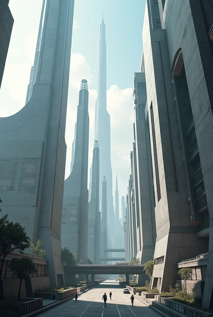 A beautiful city with rise buildings, sci fi themed, buildings made out of concrete, seems like superheroes city