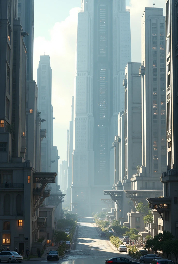 A beautiful city with rise buildings, sci fi themed, buildings made out of concrete, seems like superheroes city