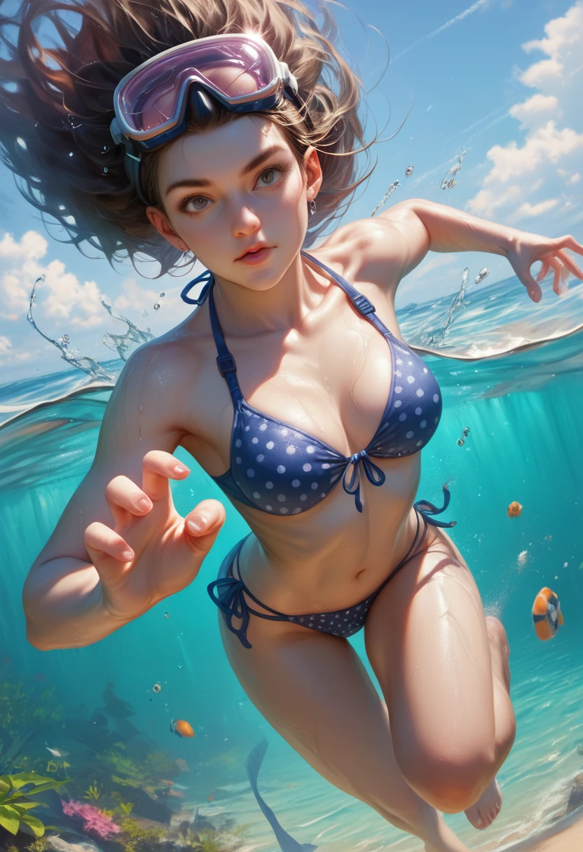 scubagear, 1girl, scuba diving, action pose, 8k, uhd, trending on arstation, award winning art, best quality, masterpiece, photorealistic, raw image, detailed skin, skin pores, 5 fingers, bikini,
