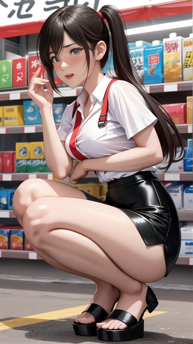 (High definition images), tifa Final Fantasy 7 Remake character, ((Red cheeks, An embarrassed expression)), The legs are very long, The legs are small and slender, ((White short-sleeved collared shirt)), (black pencil skirt), sandals, (not wearing underwear), (no underwear), (no panties, Visible genitals), Lubricant flows from the pussy, There was sweat coming out of the pussy, (There is a lot of pubic hair), (full body image), (crowd), In a convenience store.