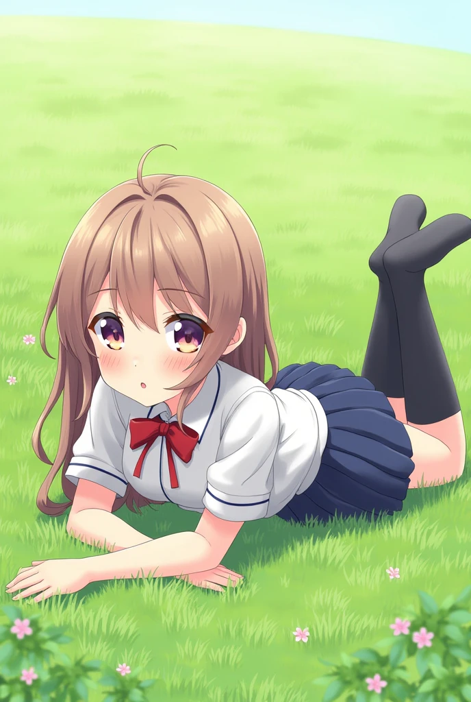 anime girl in school uniform lying on her stomach on grass