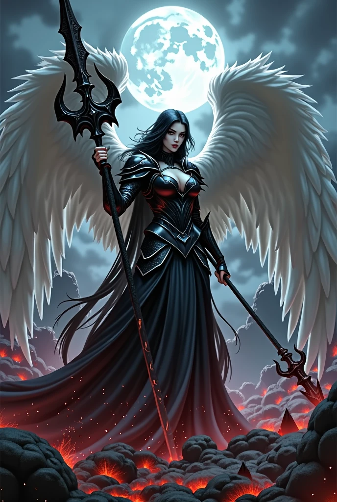 (pathfinder:1.2), fullheight, angel, sexy severe female. pale skin, beautiful face, black eyes, white wings, gothic black armor with sharp edges, no nude, very long ebony hair, holding huge glaive, on the battlefield, in fight, corpses and blood and death around her, at the dark midnight, pathfinder wrath of rightous style