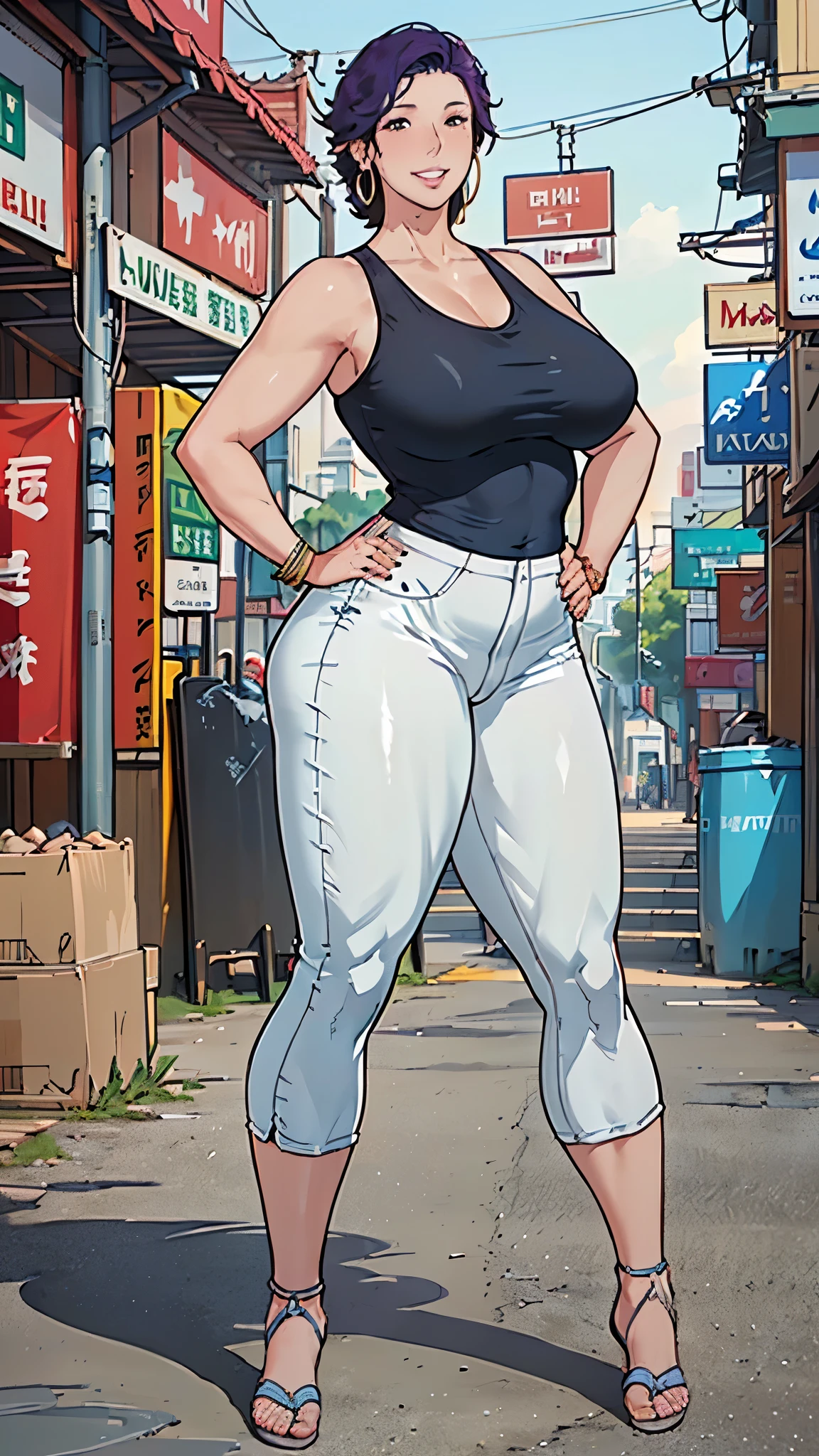 (An angle that shows the subject's entire body:1.2),
((Highest quality:1.2)),((masterpiece)),((8k)),
Anatomically correct,
(1. Beautiful Brazilian woman with a big ass and a height of 170cm:1.2),
Mature Woman, Gutsy Mother, Married Woman, Mature Woman, 4, (cool), Female Jay,
Bluish purple hair, ((Voluminous Hair)), Short Hair, ((Messy Hair)), jagged hair style,
Beautiful, long eyes, (Natural Makeup), (Thick lips), (Swollen lips), Lips parted, (Grin), (A confident and strong look)
Sensual, Chubby body type, glamorous, Curvy, Wide Hips, Huge Ass, Big Breasts, Greasy breasts, (Bust size 189cm, saggy breasts), belly button,
(Clothes are tight, Clothes that show your body lines, A plain white tank top, knee-length denim trousers, Sports sandals),
(big hoop earrings), bracelet,
(Raise one hand in greeting:1.2), (Feet shoulder-width apart:1.2), (A pose standing with hands on hips:1.2),
Daytime, (Outdoor), (Southeast Asian Market), congestion