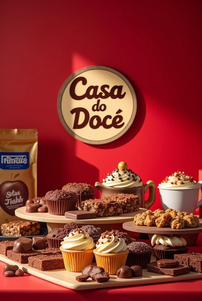 Create a written image Today the Store will be open until 13:00 hours in Portuguese. with a red background and some sweets and a Nestlé bar, a box of Lacta chocolates and the logo Casa do Doce written on it