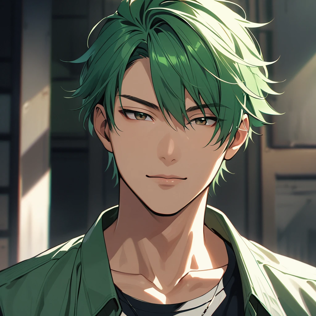 male　Asian Face　Green Hair　Well-built　Cool face　Short Hair