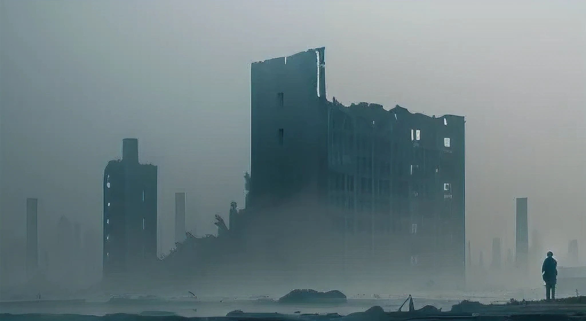 loneliness and hard fog, ruins of city