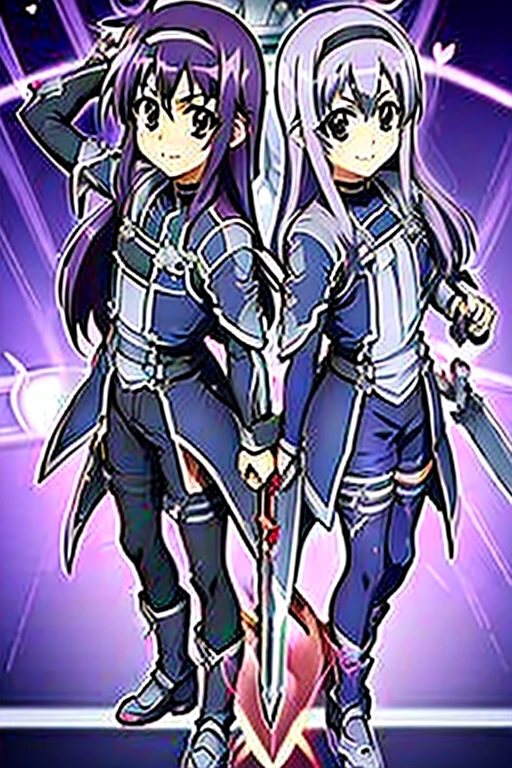 (((Sword Art Online, dual wielding, combat, Tsukimura Suzuka, heart accessory on chest, costume, light purple hair, Knights of the Blood Oath)))
