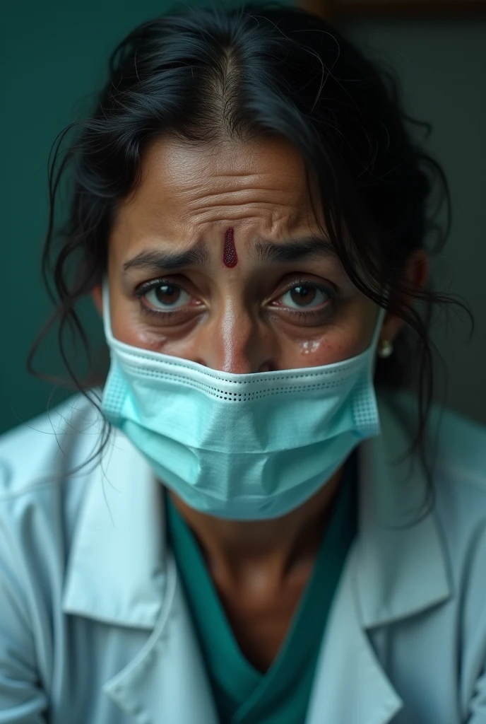 Indian Women doctor wearing face mask is crying, tears are coming from her eyes