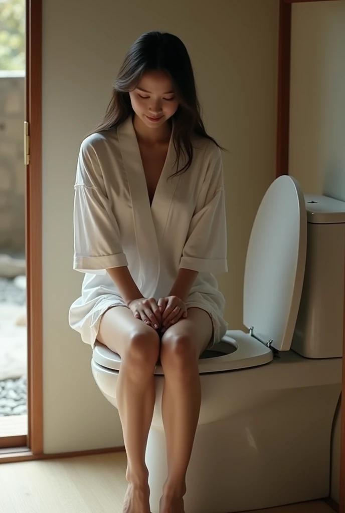 A woman peeing in a Japanese-style toilet