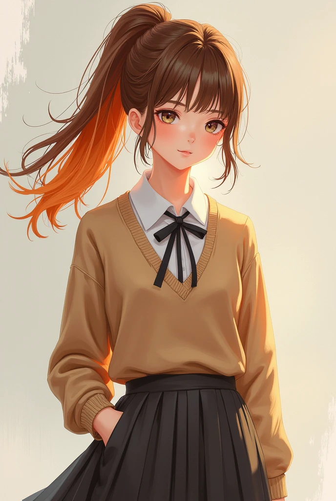 A woman with brown hair and orange ponytail wearing a school uniform and a brown sweater.