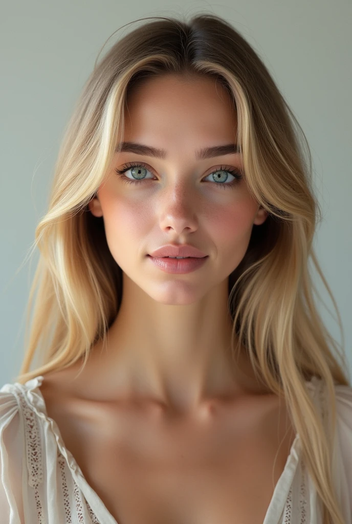 jeune femme francaise, blonde and straight hair, realistic blue eyes, visage naturel, face only 