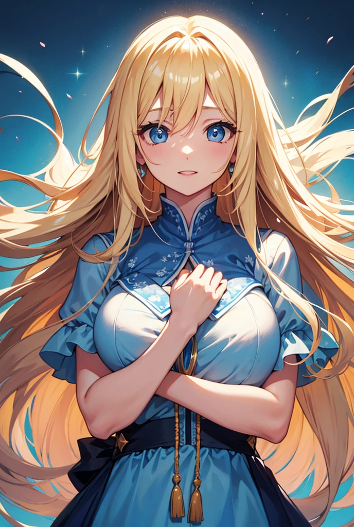 high resolution, 1 , hair blonde, very long hair, hypdertailed, bangs between eyes, breastsout, laughter, blue colored eyes, simple background, cinta,