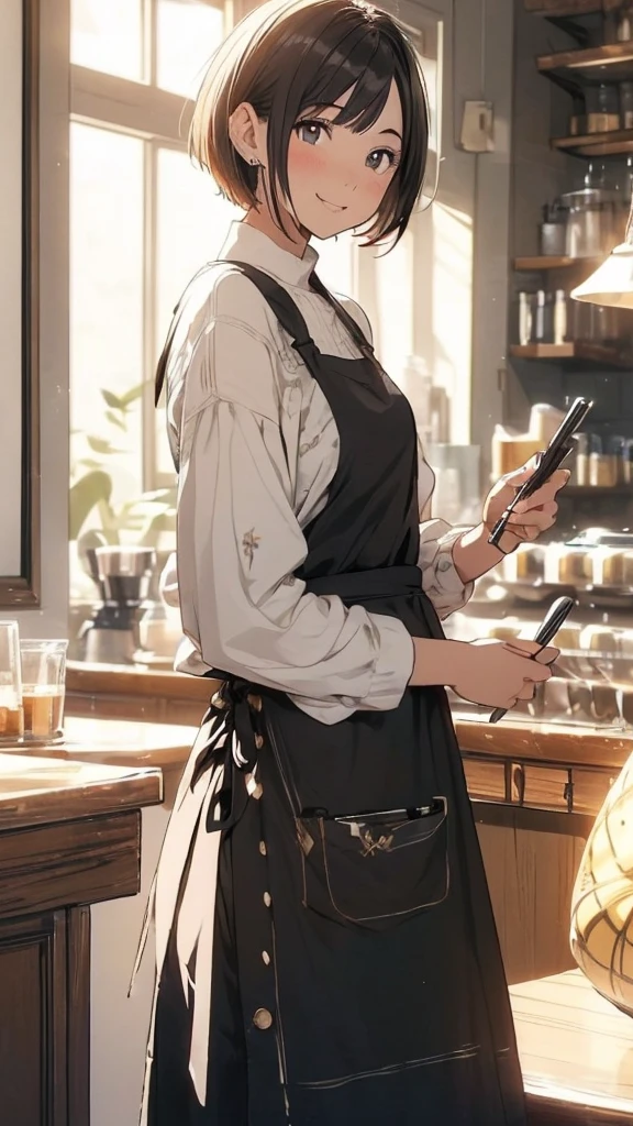 (alone, 1 girl), (masterpiece, Highest quality, Very detailed:1.6), 8k, Highest quality, Inisoors, Very short hair, Short Bob Hair, (Brown Hair), tuck one siise hair behinis ear, Yellow Eyes, Looking at the audience, smile, Bright woman, anime, Wearing a white long-sleeved blouse, Long skirt, High neck blouse, (front図, front, from before, light from before), inisoor, 30 years olis, Barista, coffee shop, (Wearing a long black apron), Open your mouth, :is, Very detailedイラスト, Soft lighting, Very beautiful girl, (extremely isetaileis eyes),