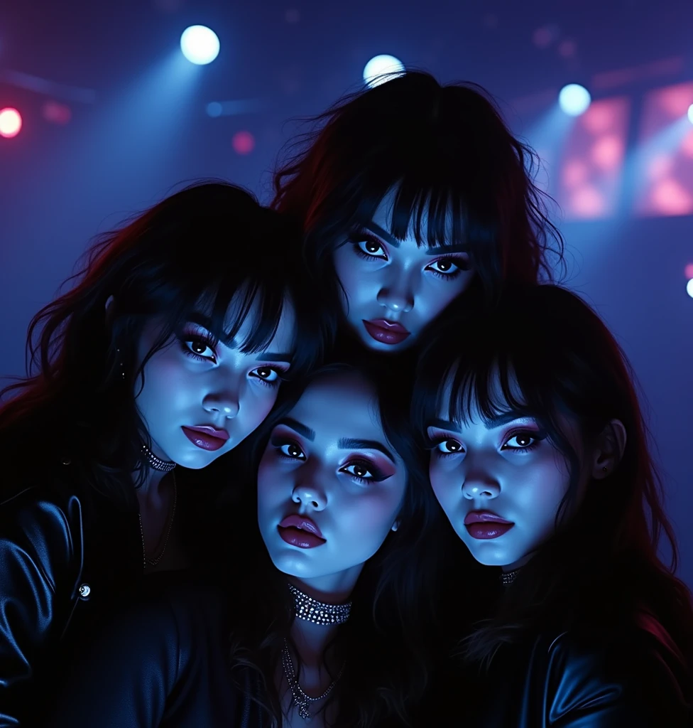(Masterpiece.UHD.photorealistic) 4 ultra hot gorgeous European women. Age 23. Female kiss rock band.attractive beautiful women, age 23. Full lips. Gorgeous face. Epic cleavage.(100e breast size) kiss rock band makeup.