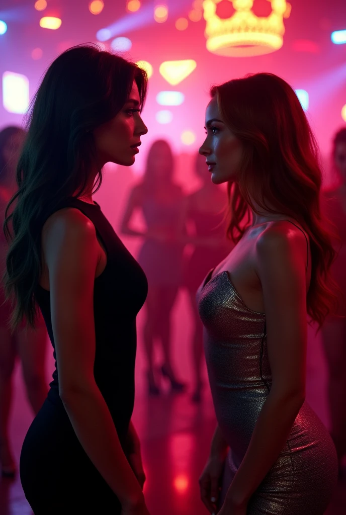 In the heart of a vibrant, upscale nightclub, two striking women, Evelyn Chen and Isabelle "Izzy" Monroe, stand face-to-face, locked in a tense standoff. Evelyn, a powerful and elegant CEO in her late 30s, is dressed in a sleek, form-fitting black dress that exudes authority and sophistication. Her long, dark hair is impeccably styled, and her piercing eyes are filled with a mix of defiance and control as she stares down Izzy.
Izzy, the 2 artist with a wild and free-spirited demeanor, stands opposite her, dressed in a daring metallic silver mini dress that shimmers under the club’s neon lights. Her auburn hair falls in loose waves, framing her face, which is set in a confident, almost defiant expression. Her green eyes glint with mischief and challenge as she holds Evelyn’s gaze, clearly unfazed by the older woman’s imposing presence.
Around them, the nightclub pulses with energy—people dance to the heavy beat of the music, and colorful lights flash across the room, but the atmosphere between Evelyn and Izzy is thick with tension. The onlookers, sensing the charged encounter, give the two women space, adding to the dramatic intensity of the moment. Both women are clearly vying for dominance, their contrasting styles—Evelyn’s controlled elegance and Izzy’s bold freedom—highlighting the underlying conflict.
The scene captures the powerful energy of two strong, captivating women standing their ground, each refusing to back down, creating a moment of high drama and anticipation. Highly detailed, dynamic lighting, intense and dramatic mood, 8K.